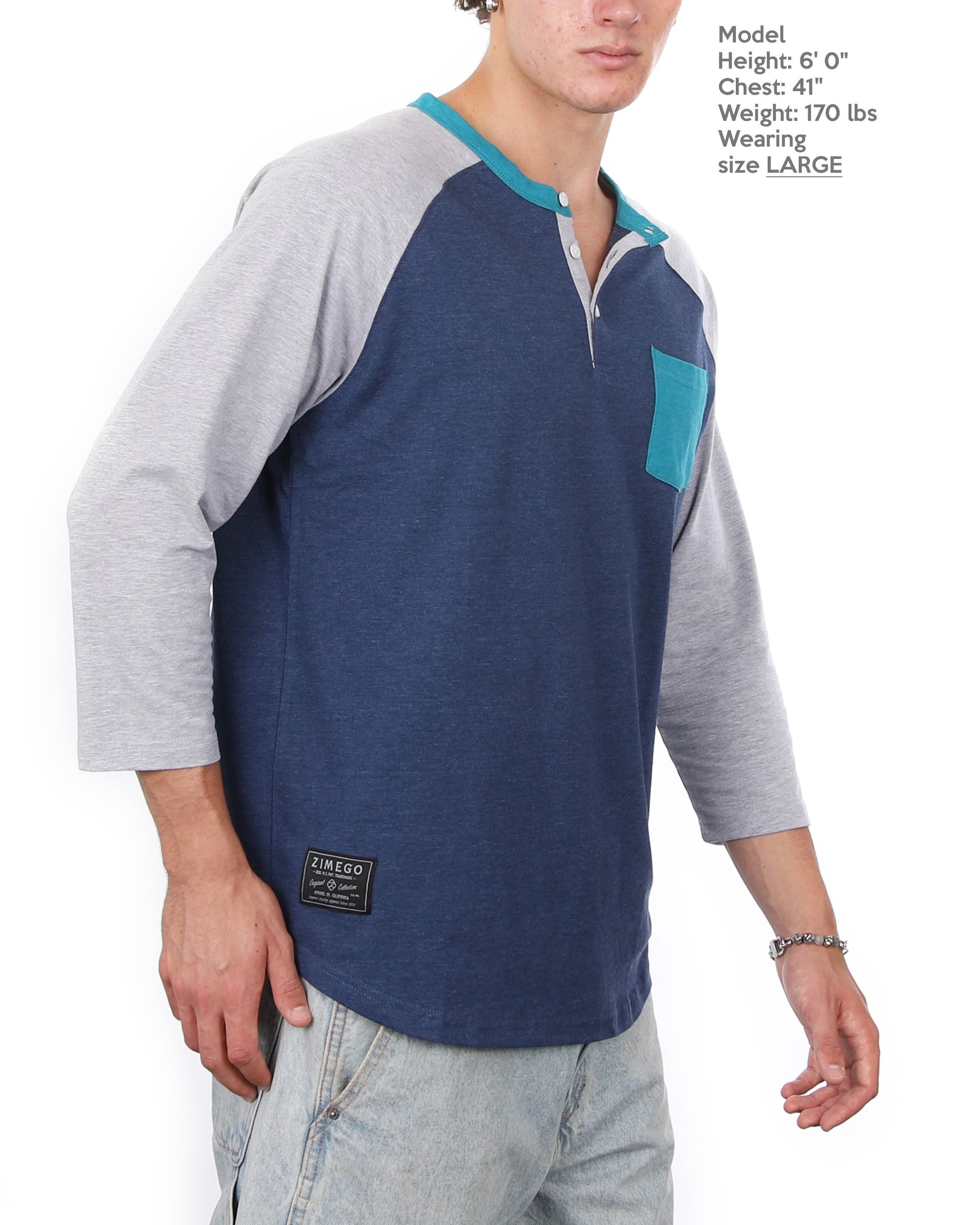 Contrast 3/4 Sleeve Stretch Casual Baseball Button Henley Shirts-4