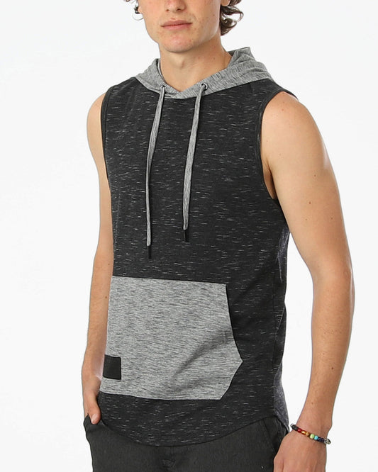 ZIMEGO Men's Color Block Sleeveless Pullover Kangaroo Pocket Workout Hooded Tank - 051-0