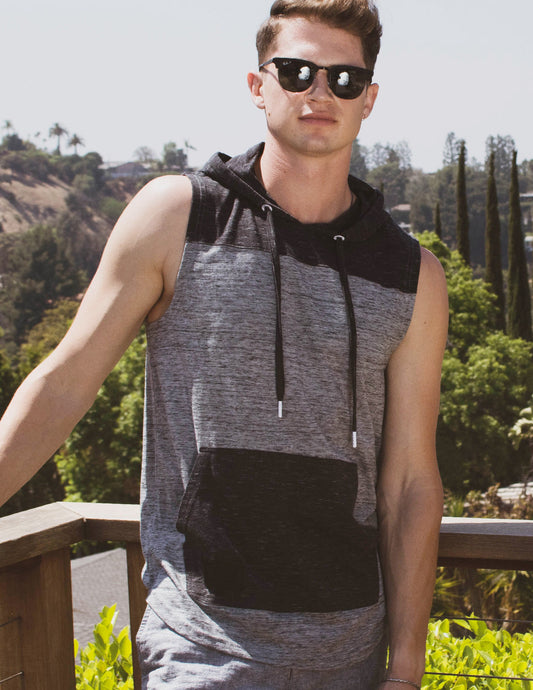 ZIMEGO Men's Color Block Sleeveless Pullover Kangaroo Pocket Workout Hooded Tank - 051-0