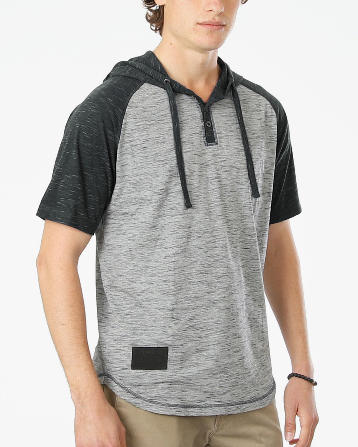 ZIMEGO Short Sleeve Raglan Henley Hoodie Round Bottom Semi Longline T-Shirt-0