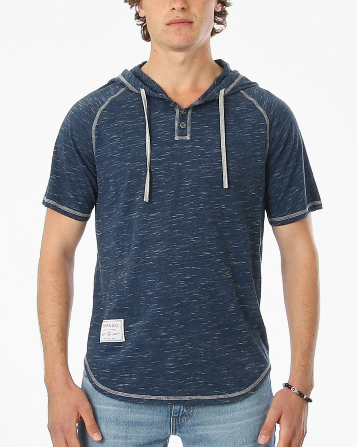 ZIMEGO Short Sleeve Raglan Henley Hoodie Round Bottom Semi Longline T-Shirt-0