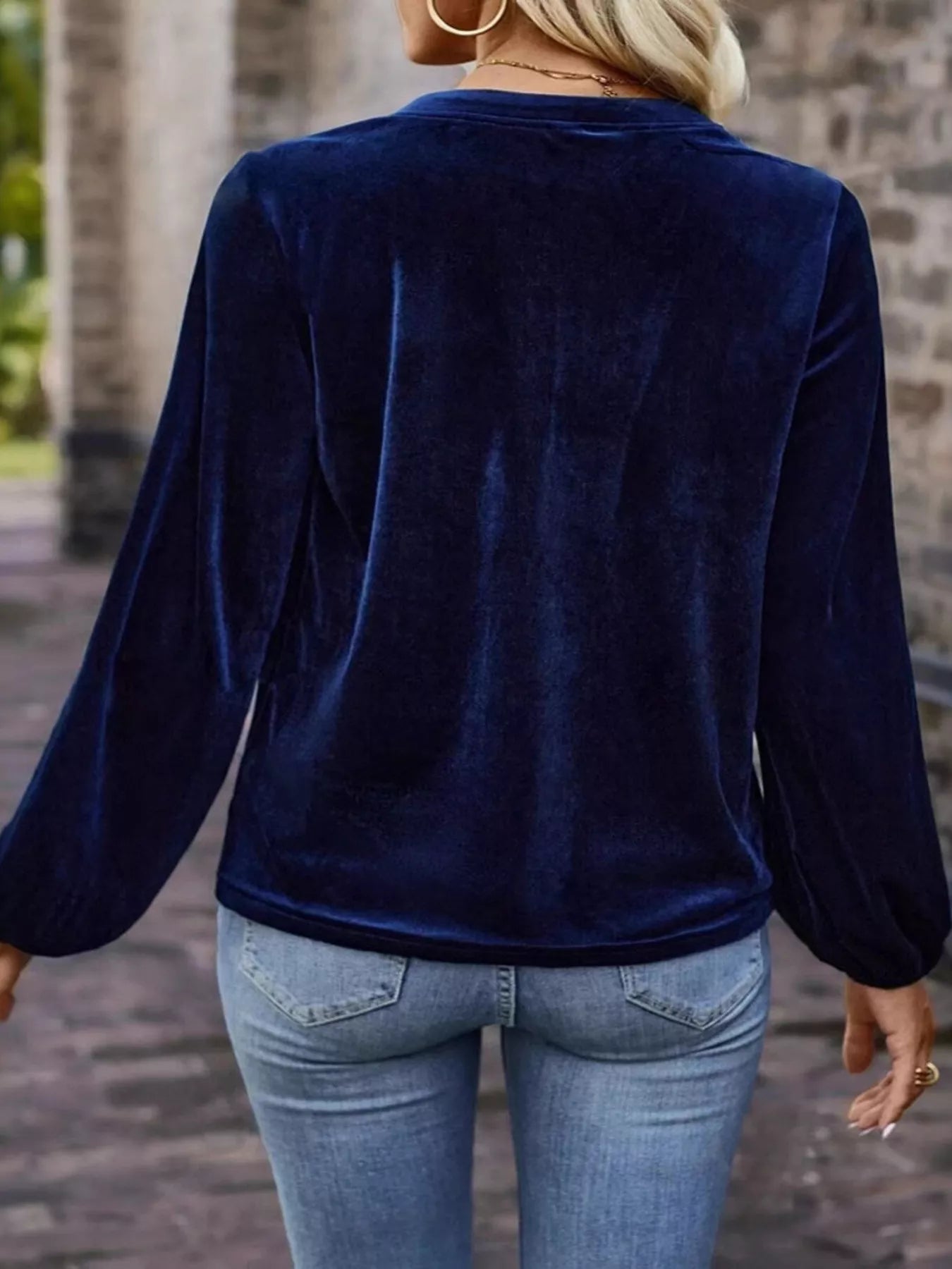 Velvet Notched Long Sleeve Blouse - PBNJ FASHIONS