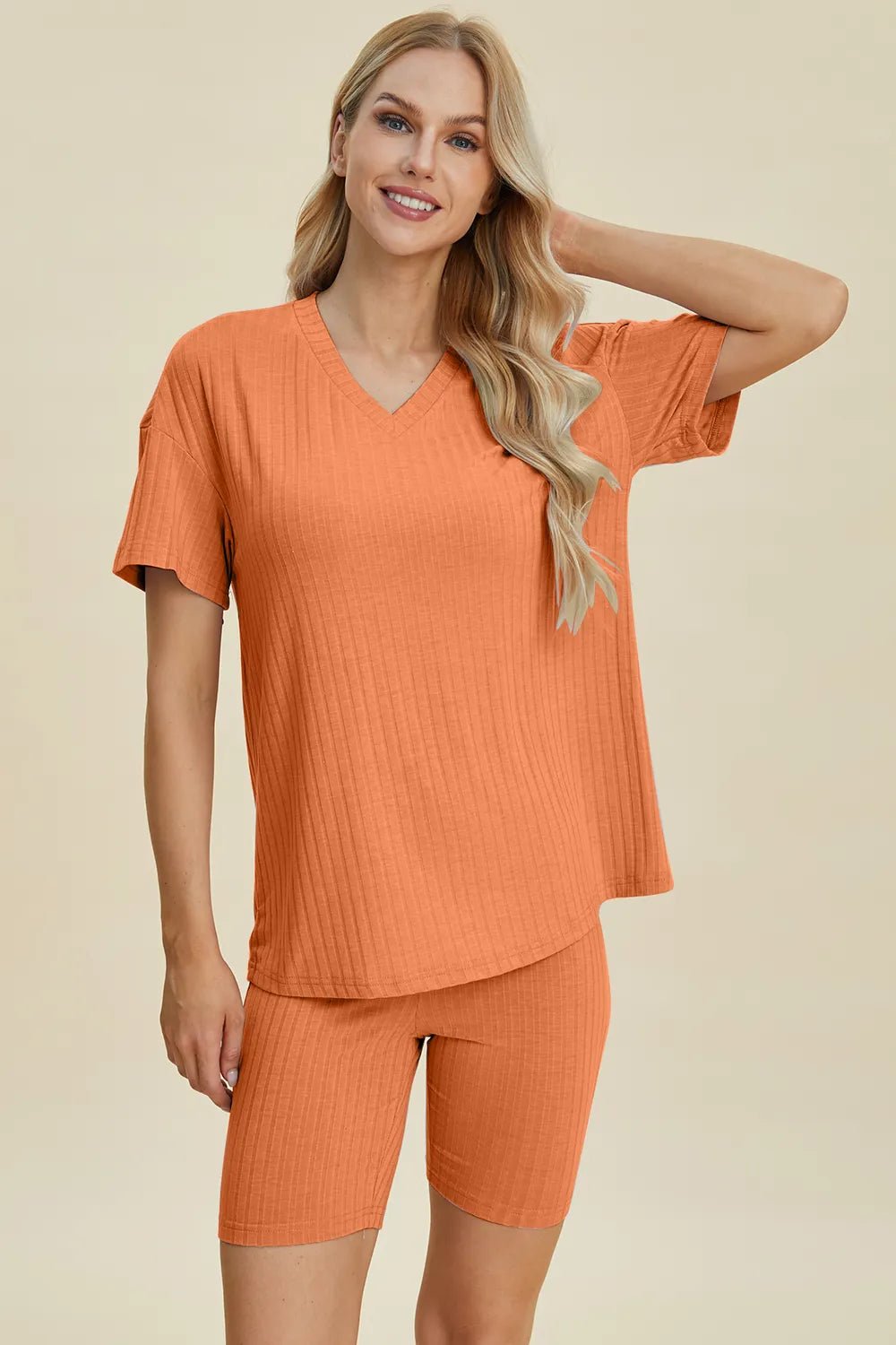 Basic Bae Full Size Ribbed V - Neck Short Sleeve Top and Shorts Set - PBNJ FASHIONS