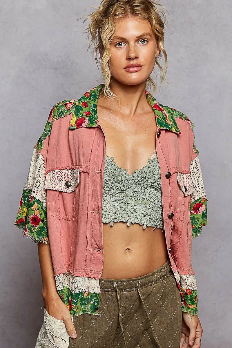 POL Lace Patch Floral Half Sleeve Shacket - PBNJ FASHIONS