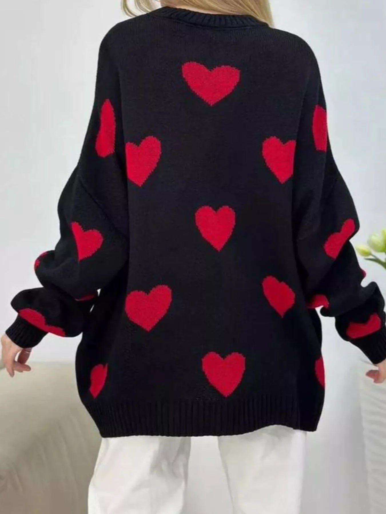 Heart Round Neck Oversized Knit Sweater - PBNJ FASHIONS