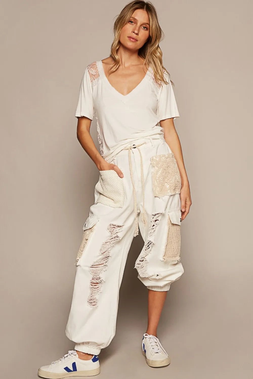 POL V - Neck Short Sleeve Lace Trim Top - PBNJ FASHIONS