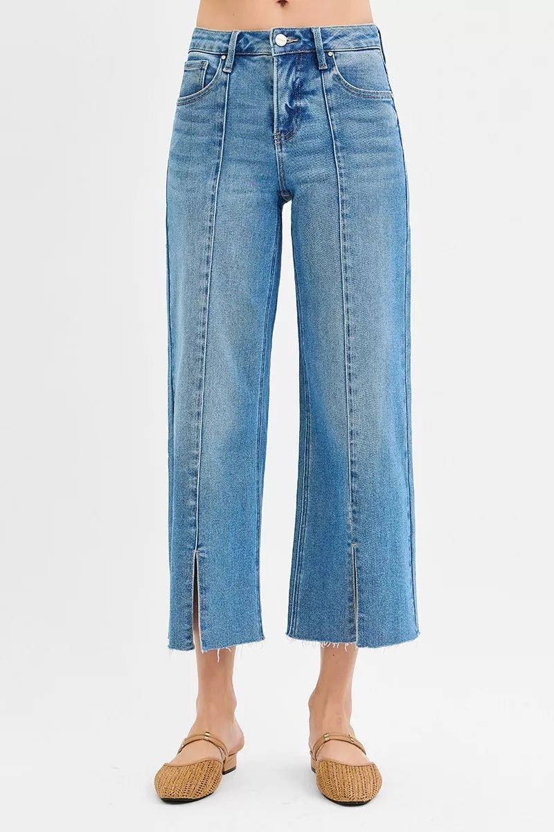 RISEN Tummy Control Mid Rise Crop Wide Front Slit Jeans - PBNJ FASHIONS