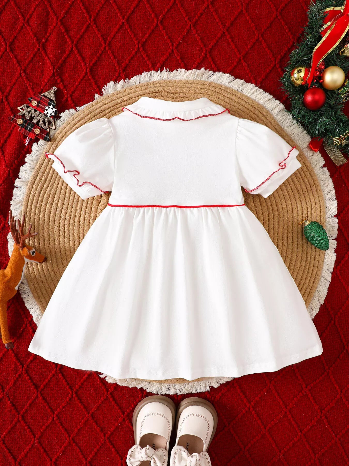 Children's Christmas Tree Embroidered Ruffle Trim Dress - PBNJ FASHIONS