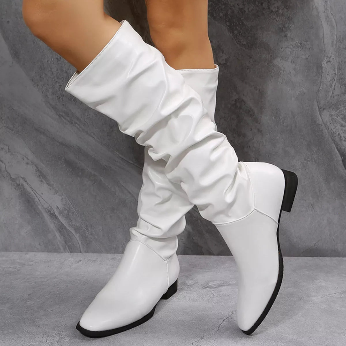 Slouchy Block Heel Boots PU Leather Rubber Low Heel Women's Booties - PBNJ FASHIONS