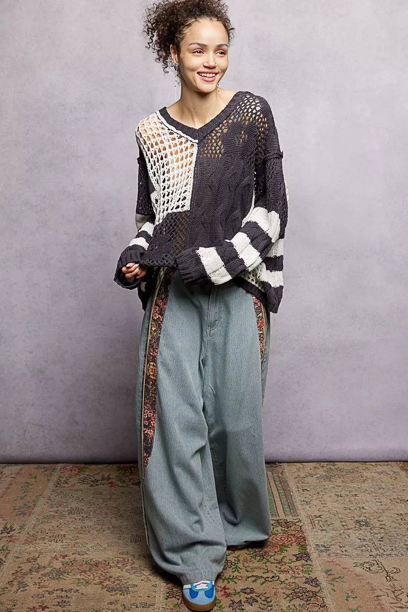 POL Color - Blocked Stripe Pattern Knit Top with Twisted Weave - PBNJ FASHIONS