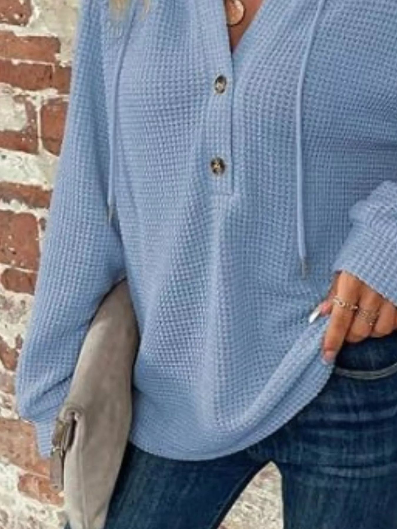 Waffle Knit Button Detail Hoodie - PBNJ FASHIONS