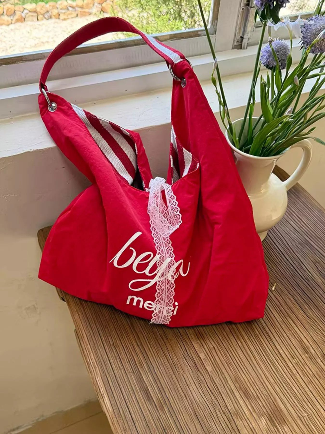 Canvas Tote Bag - Chic Striped Design - Deep RedOne SizeFashionable Purses