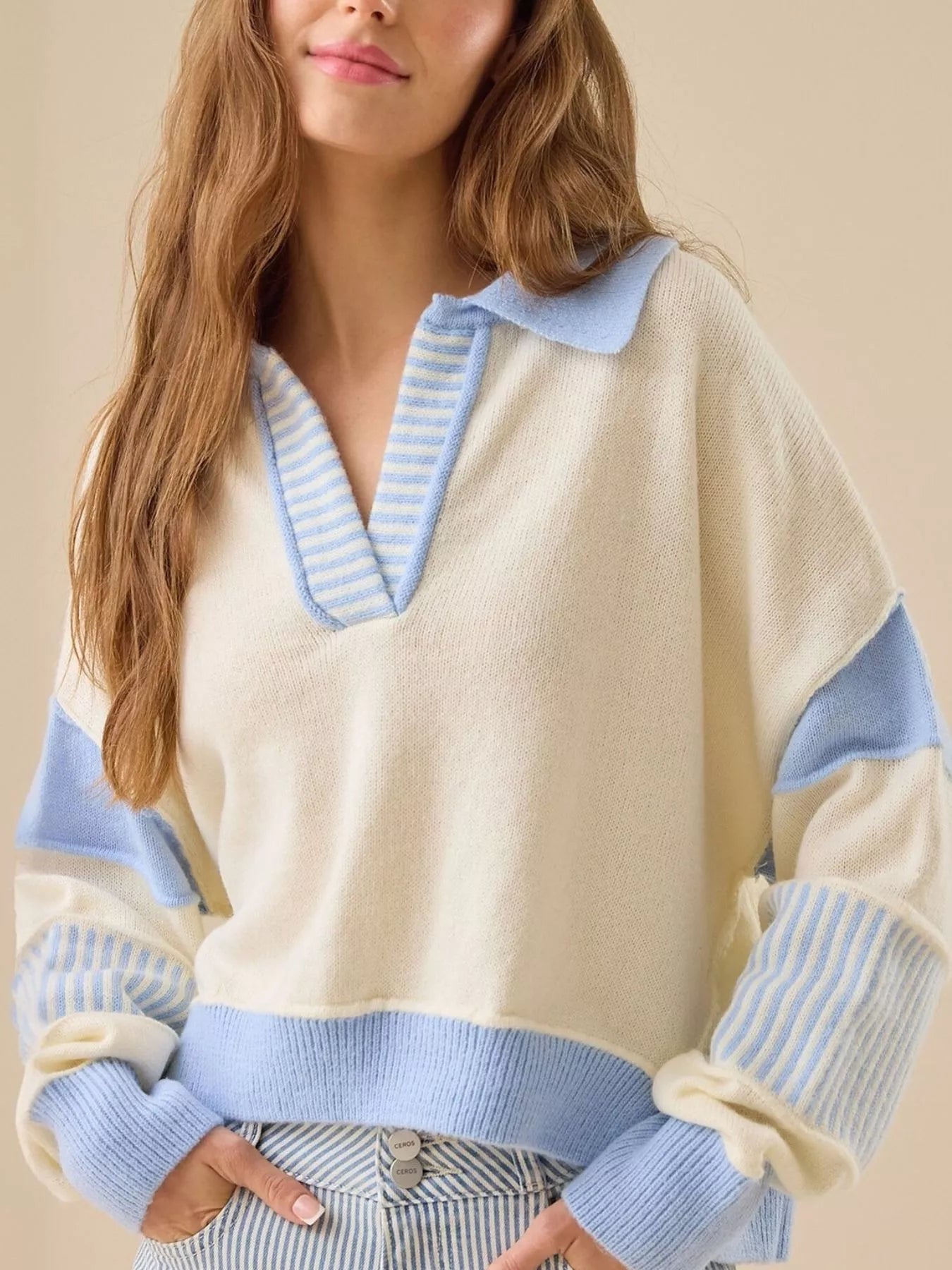 Pastel Blue and Light Yellow Color Block Dropped Shoulder Sweater - Cream-S- - PBNJ FASHIONS