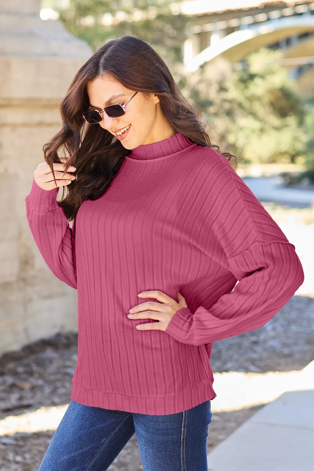 Basic Bae Full Size Ribbed Exposed Seam Mock Neck Knit Top - PBNJ FASHIONS
