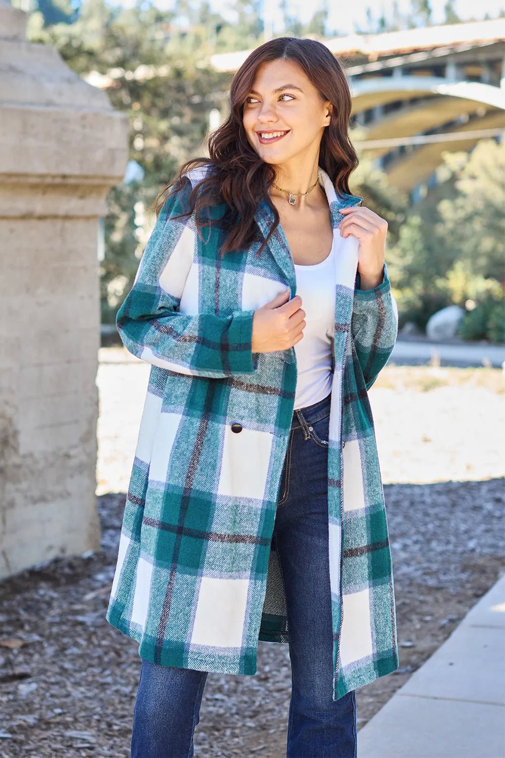 Double Take Full Size Plaid Button Up Lapel Collar Coat - PBNJ FASHIONS