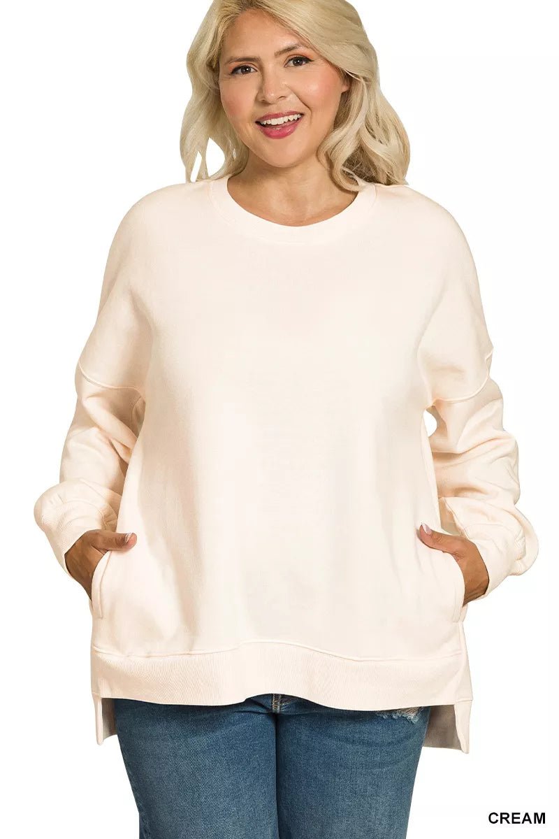 Zenana Full Size Fleece Hi - low Boyfriend Sweatshirts with Pockets Plus Size - PBNJ FASHIONS