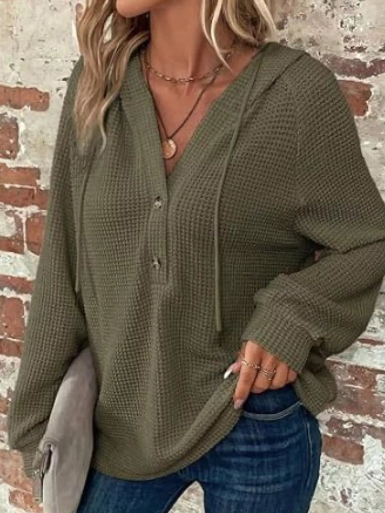 Waffle Knit Button Detail Hoodie - PBNJ FASHIONS