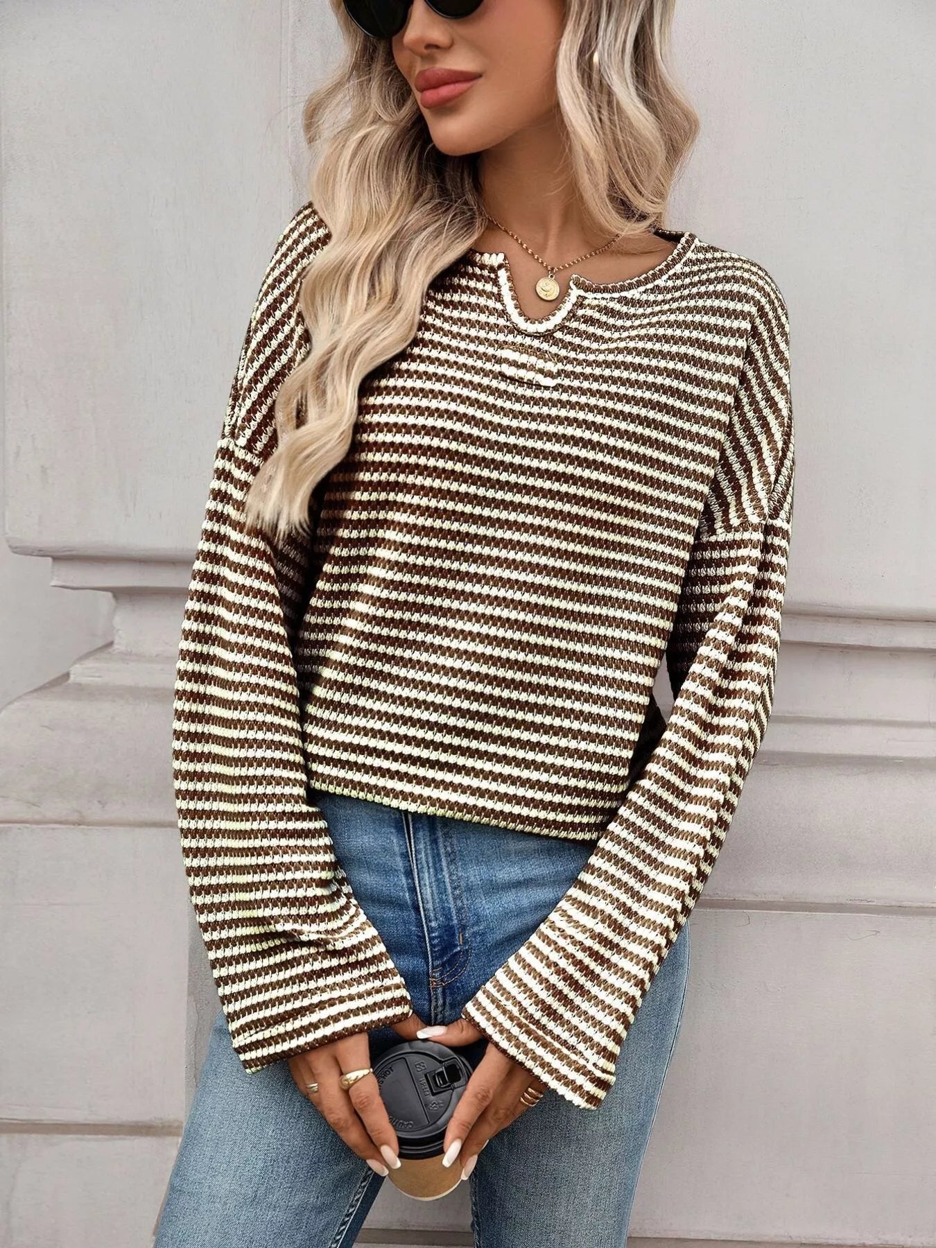 Striped Notched Long Sleeve T-Shirt - PBNJ FASHIONS