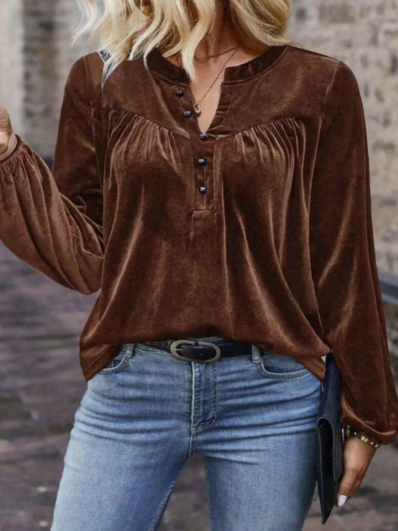 Velvet Notched Long Sleeve Blouse - PBNJ FASHIONS