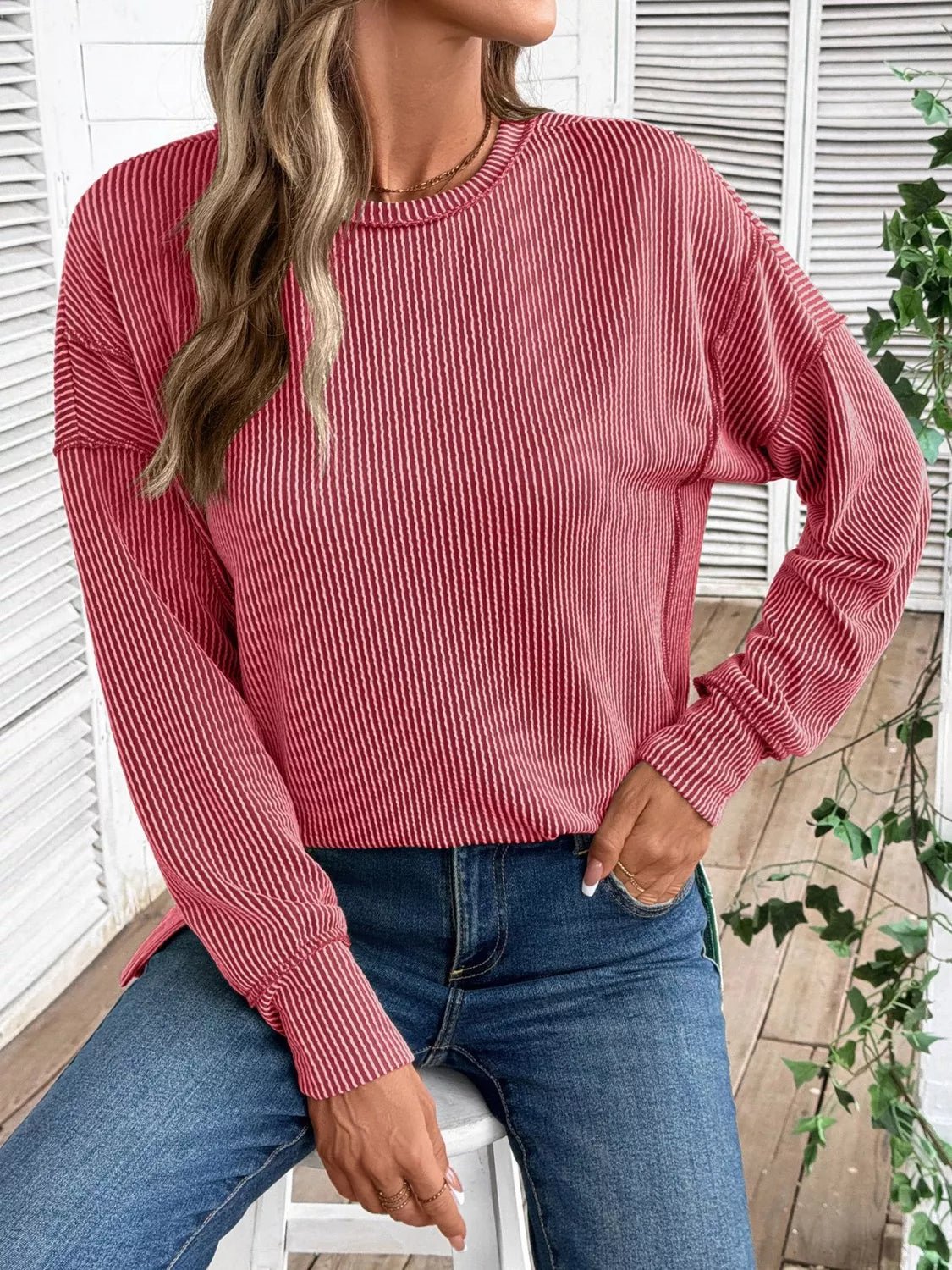 Side Slit Round Neck Sweatshirt - PBNJ FASHIONS