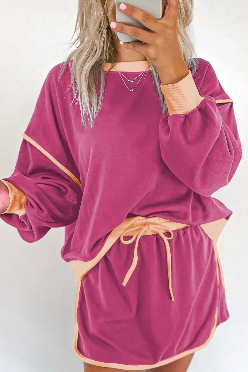 Contrast Trim Round Neck Top and Skort Set - PBNJ FASHIONS