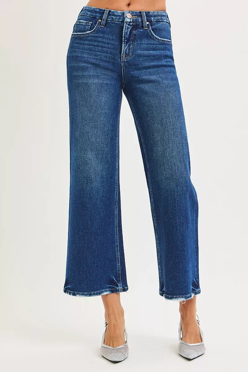 RISEN Tummy Control 4 Way Stretch High Rise Crop Wide Leg Jeans - PBNJ FASHIONS
