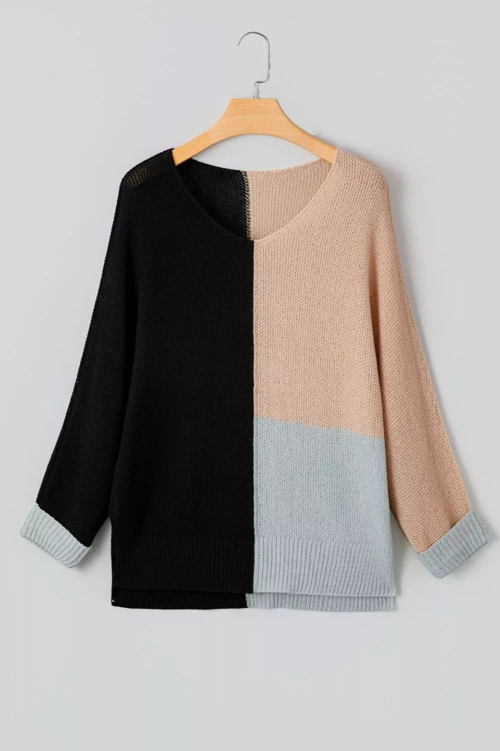 Color Block Knit V Neck Loose Sweater - PBNJ FASHIONS
