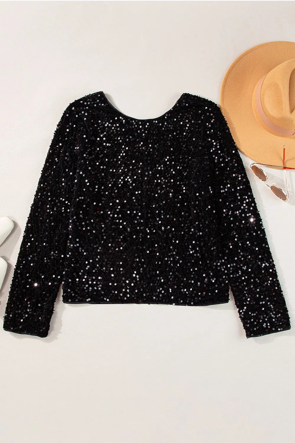 Sequin Round Neck Long Sleeve Blouse - PBNJ FASHIONS