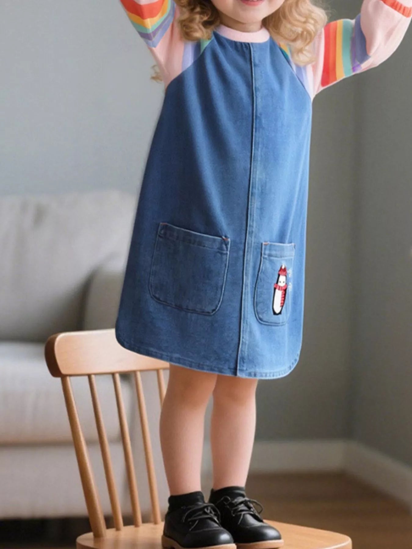Children's Contrast Raglan Sleeve Denim Dress - PBNJ FASHIONS