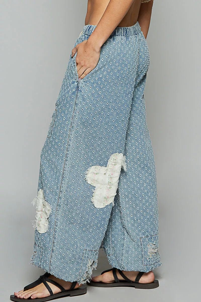POL Floral Patch Washed Textured Twill Pants with Crochet See Thru Patch - PBNJ FASHIONS