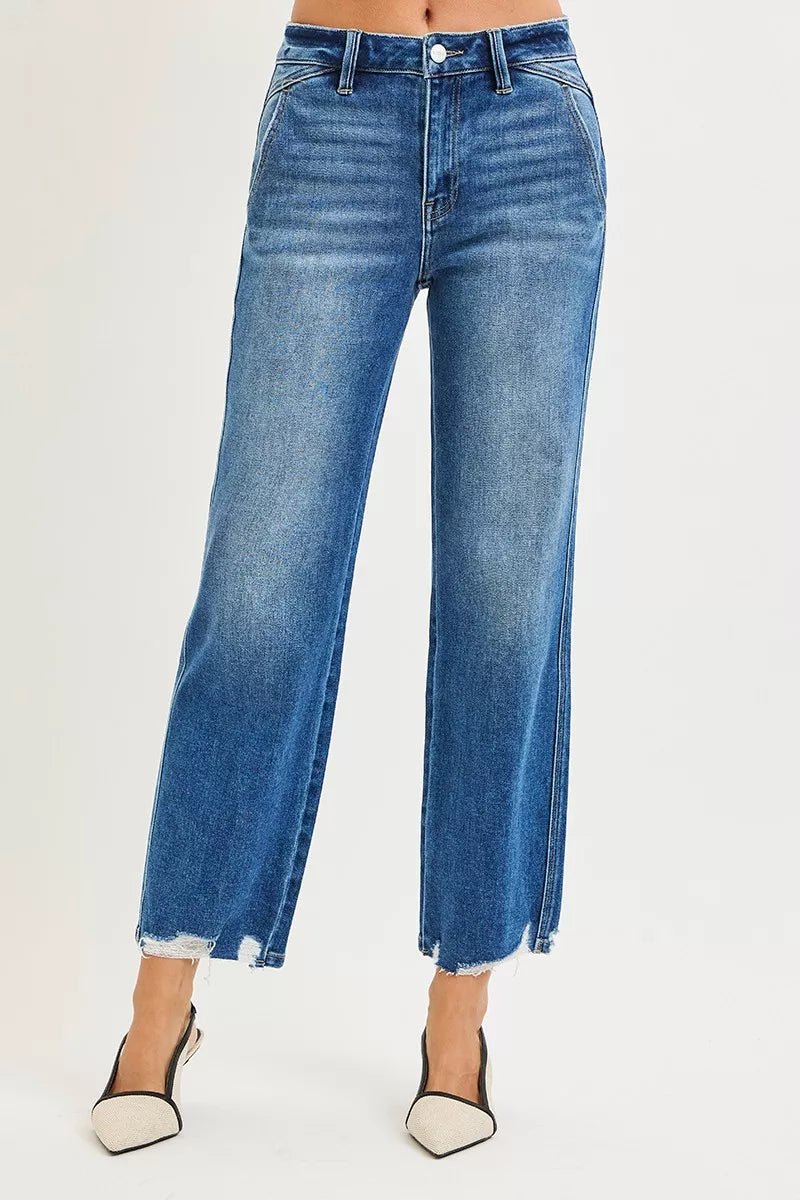 RISEN High Rise Ankle Straight Distressed Hem Detail Jeans - PBNJ FASHIONS