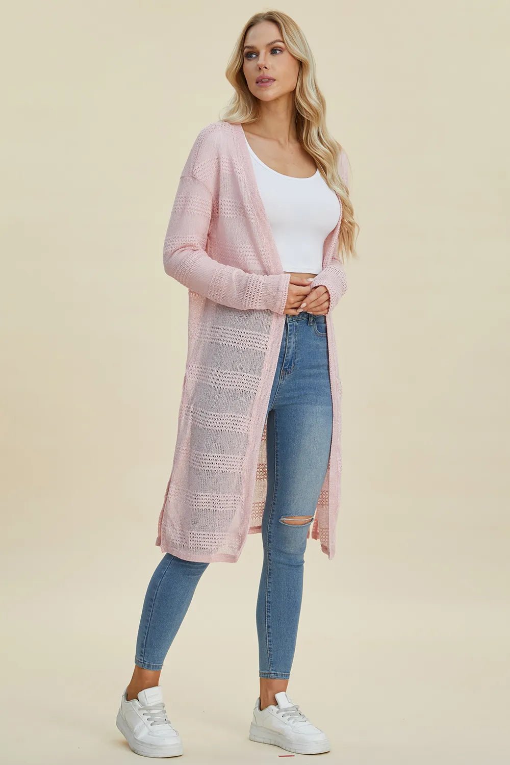 Double Take Full Size Open Front Longline Cardigan - PBNJ FASHIONS