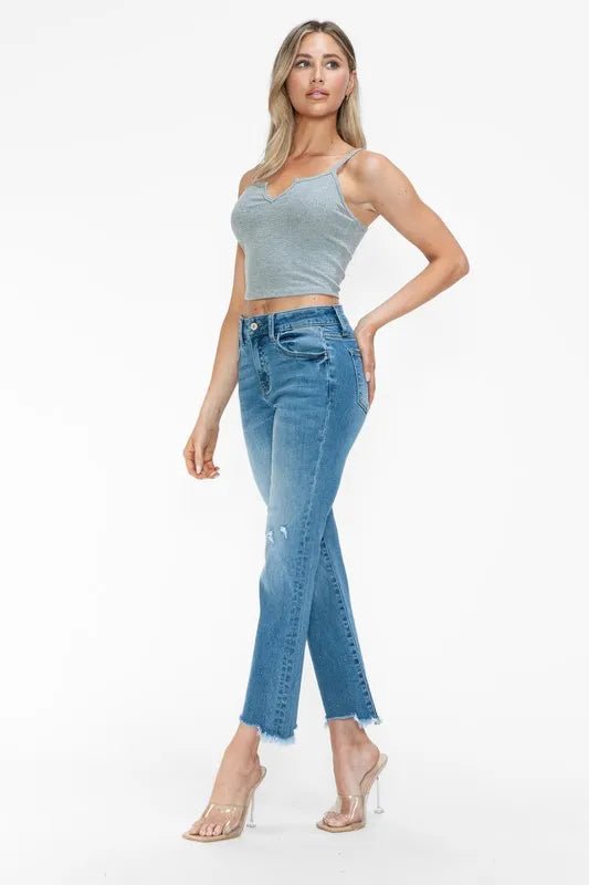 bytos Raw Hem Distressed Mid Rise Crop Jeans - PBNJ FASHIONS