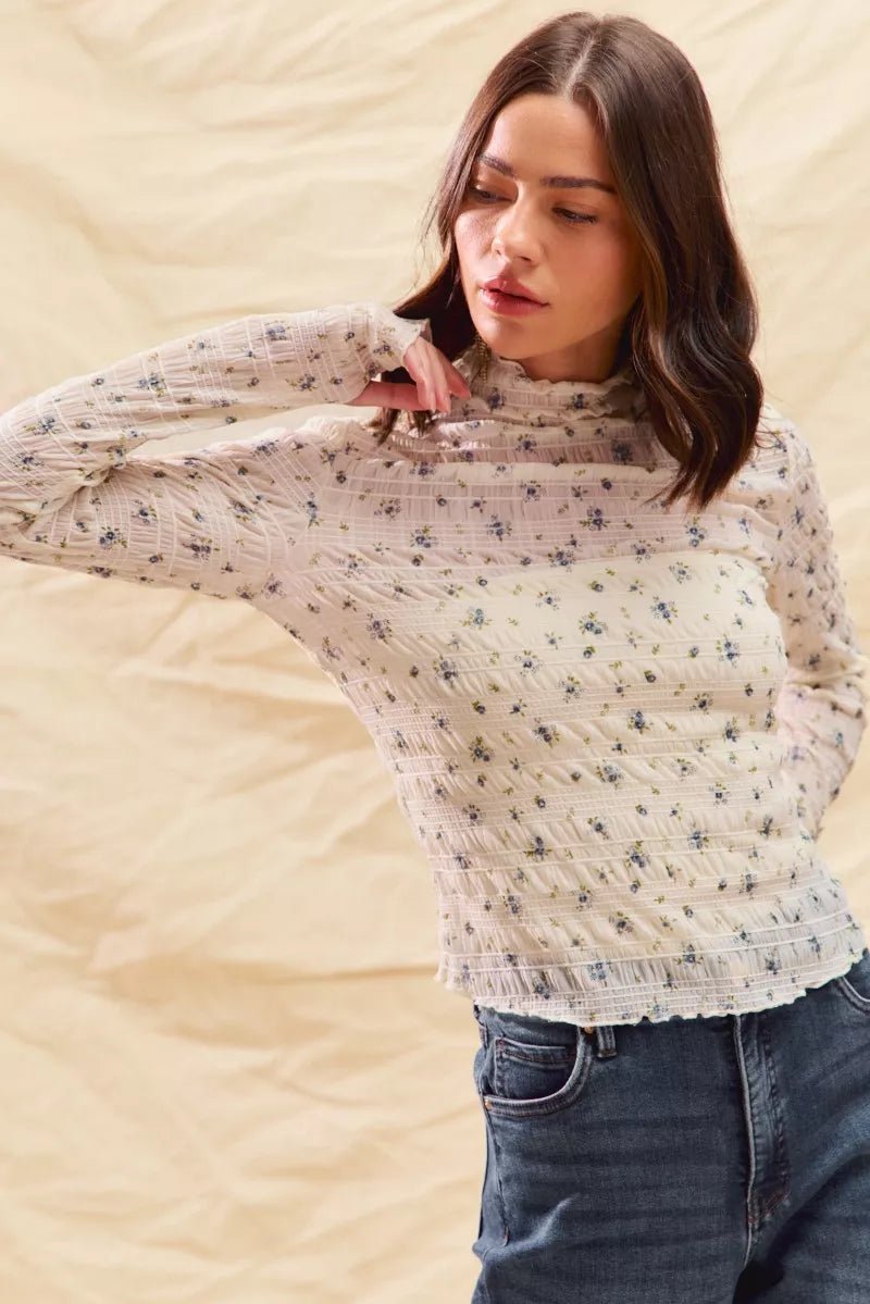 SO ME Floral Print Textured Long Sleeve Knit Top - PBNJ FASHIONS