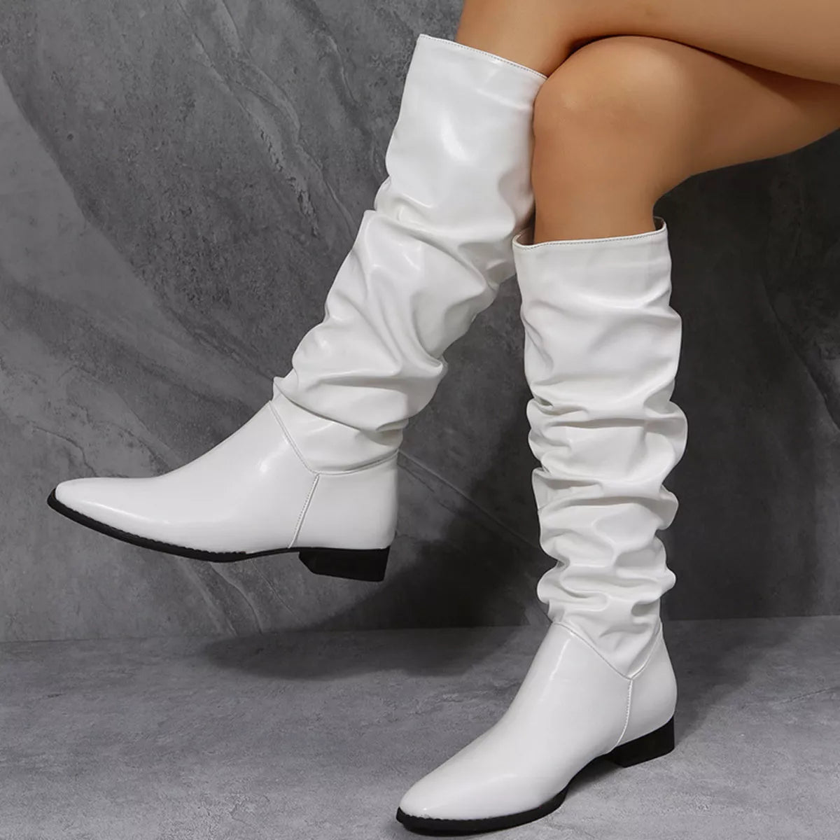 Slouchy Block Heel Boots PU Leather Rubber Low Heel Women's Booties - PBNJ FASHIONS
