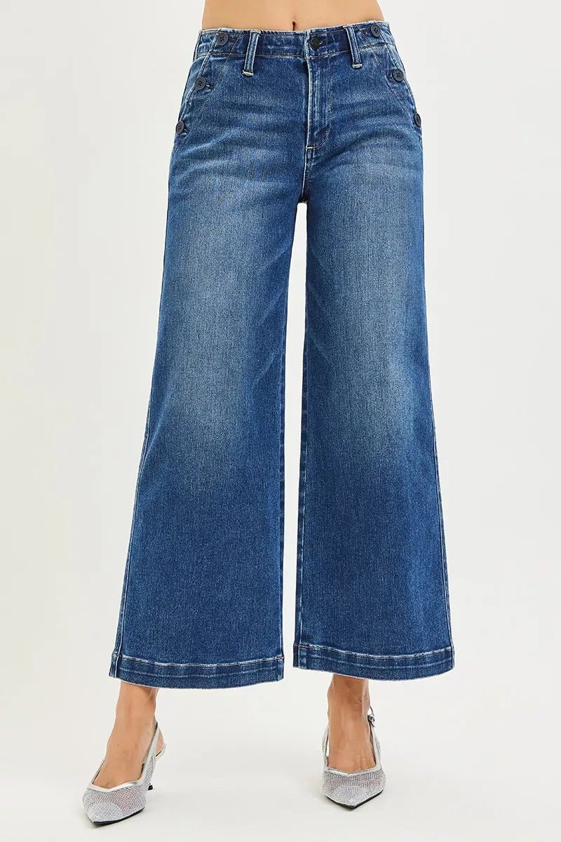 RISEN High Rise Wide Leg Jeans With Pocket Button Detail - PBNJ FASHIONS