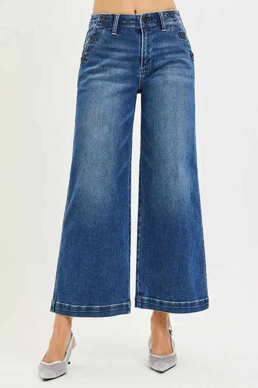 RISEN High Rise Wide Leg Jeans With Pocket Button Detail - PBNJ FASHIONS