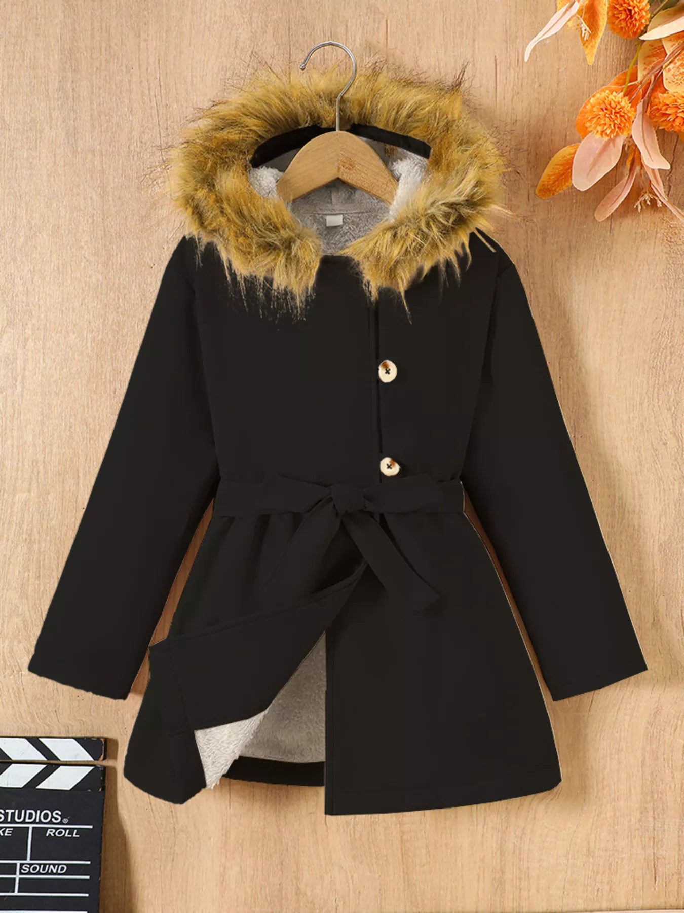 Children's Tie Waist Faux Fur Hooded Outerwear - PBNJ FASHIONS