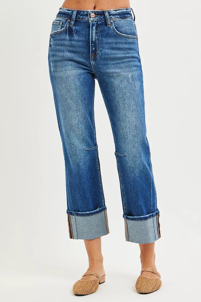 RISEN High Rise Straight Jeans with Distressed Hem - PBNJ FASHIONS