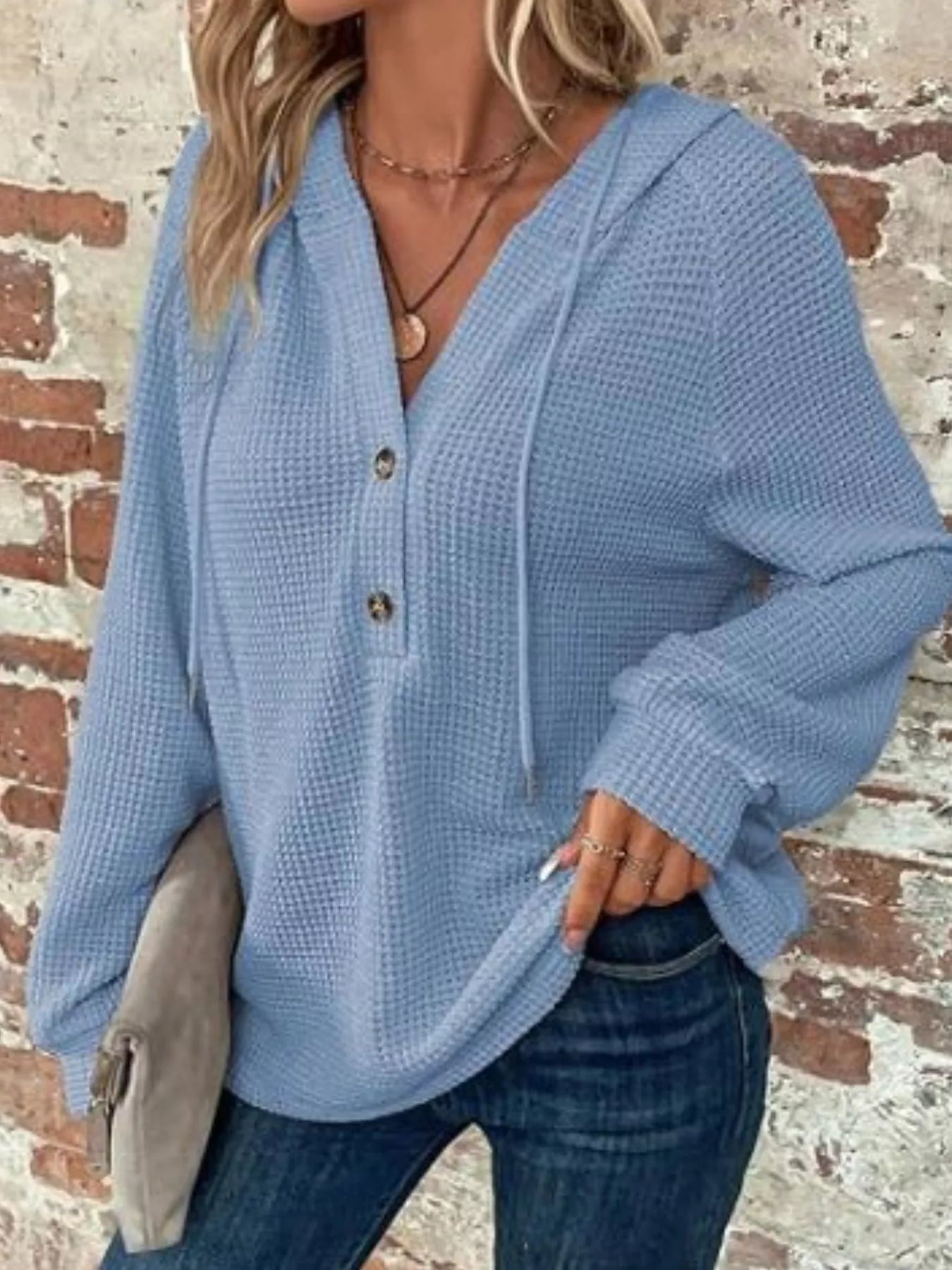 Waffle Knit Button Detail Hoodie - PBNJ FASHIONS