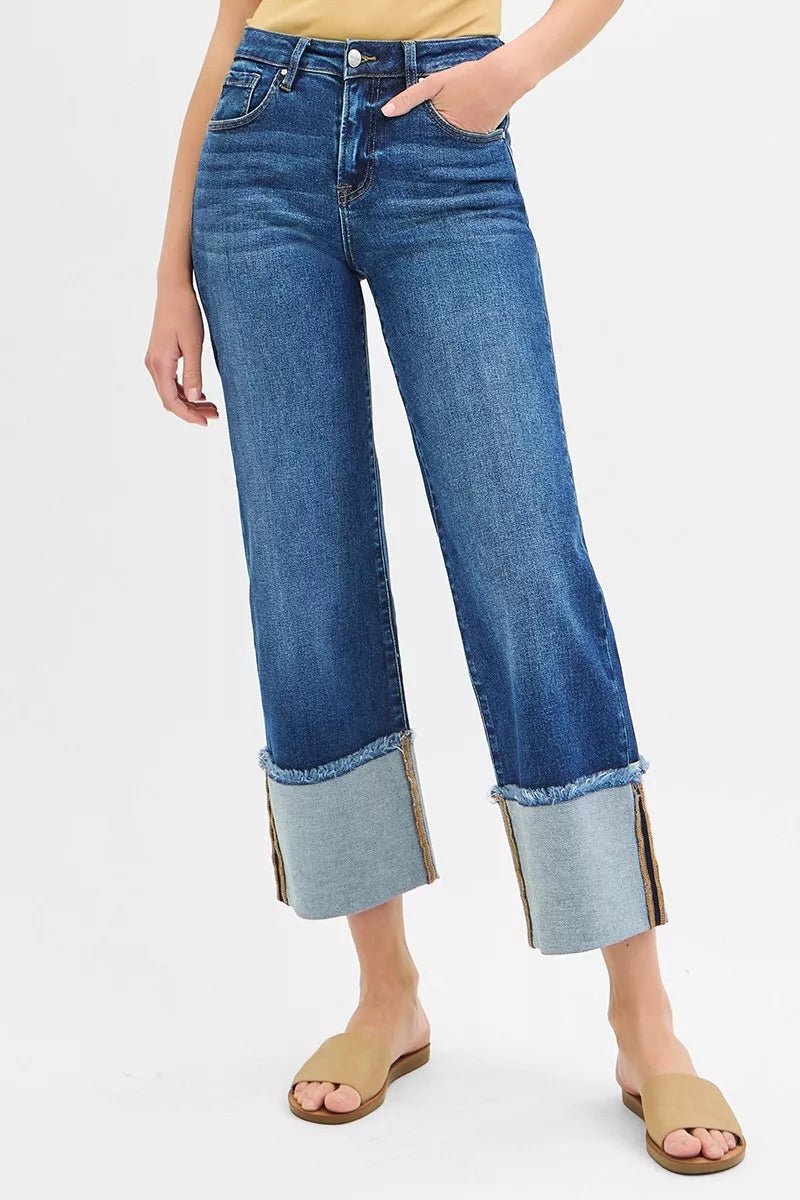 RISEN Full Size Mid Rise Crop Wide Wide Cuffed Jeans Plus Size - PBNJ FASHIONS
