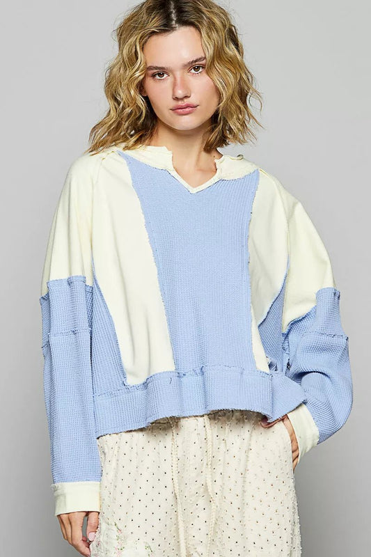 POL Color Block Waffle Knit Raw Hem Sweatshirt - PBNJ FASHIONS