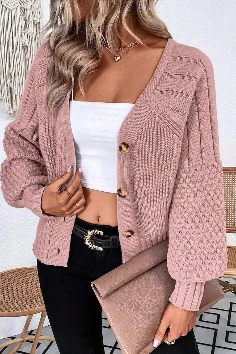 Mixed Texture Knit Button V Neck Sweater Cardigan - PBNJ FASHIONS