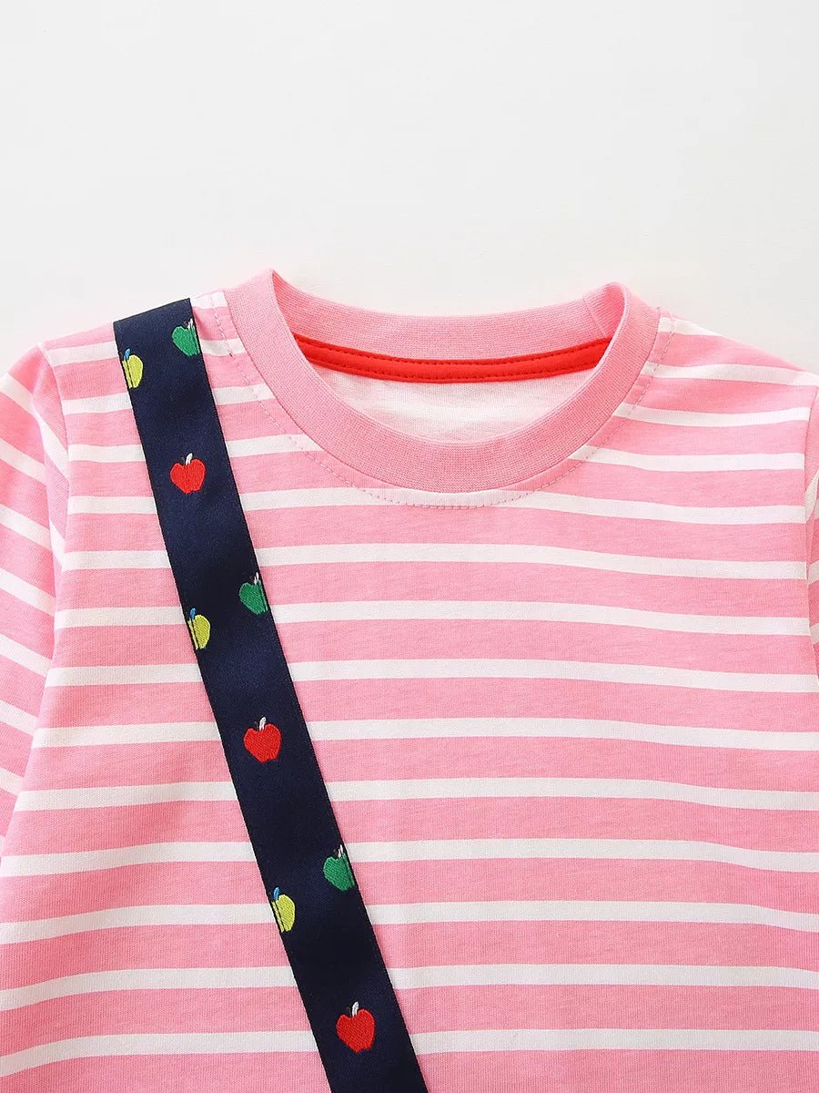 Children's Apple Applique Striped Long Sleeve Dress - PBNJ FASHIONS
