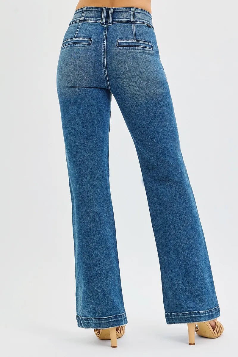 RISEN Full Size Tummy Control High Rise Bootcut Jeans with Double Button Waistband Plus Size - PBNJ FASHIONS