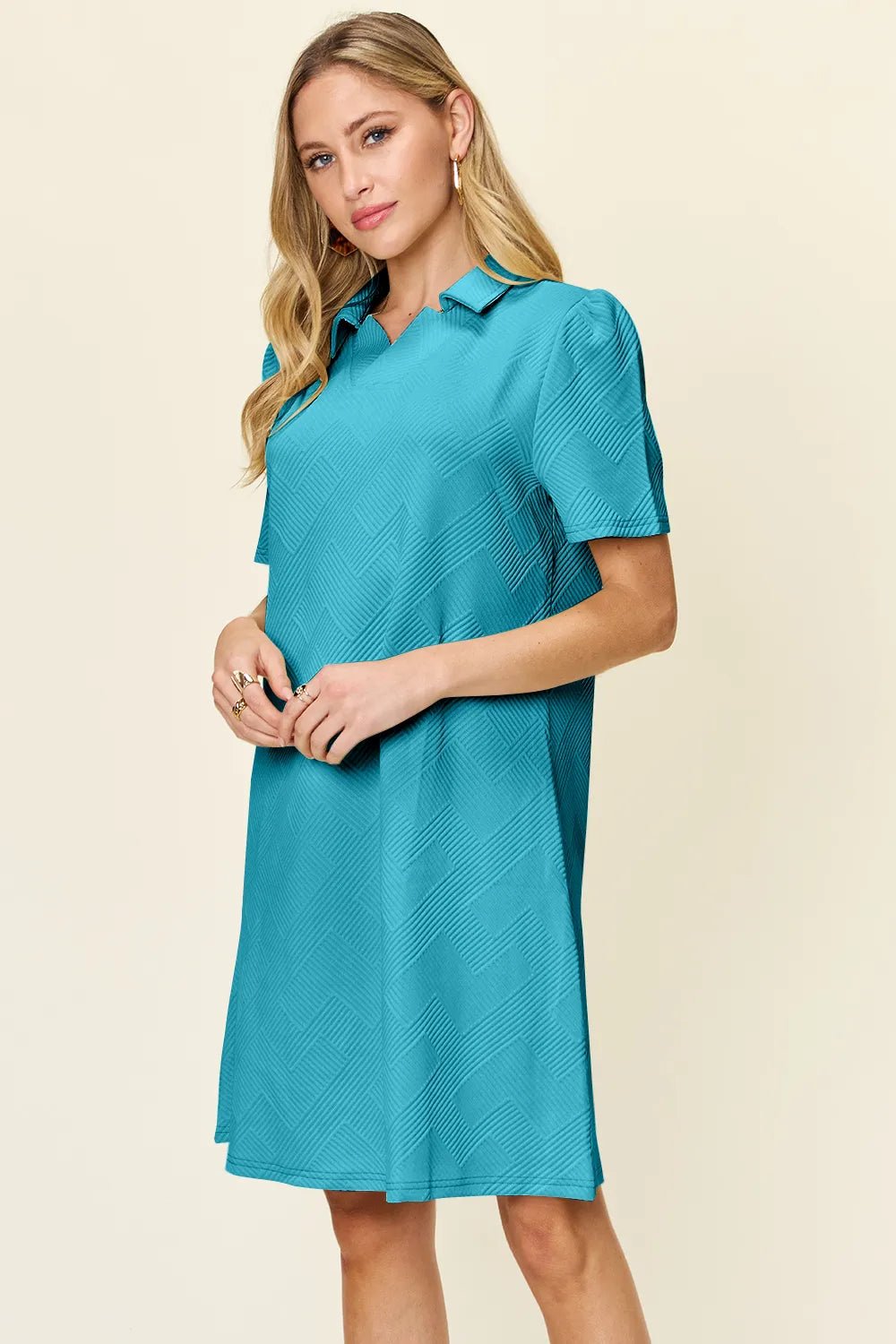 Double Take Full Size Texture Collared Neck Short Sleeve Dress - PBNJ FASHIONS