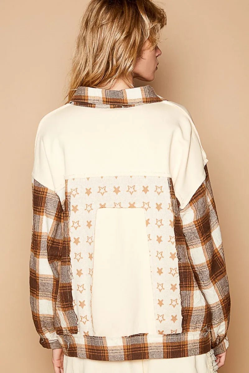POL Plaid & Star Patchwork Contrast Long Sleeve Shacket - PBNJ FASHIONS