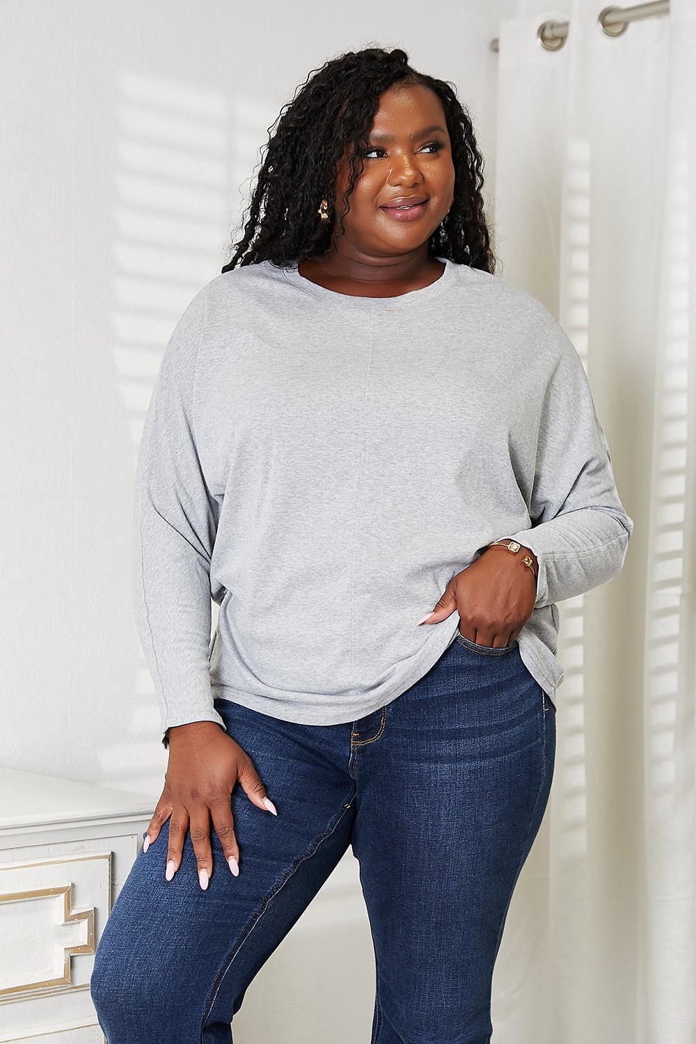 Double Take Seam Detail Round Neck Long Sleeve Top - PBNJ FASHIONS
