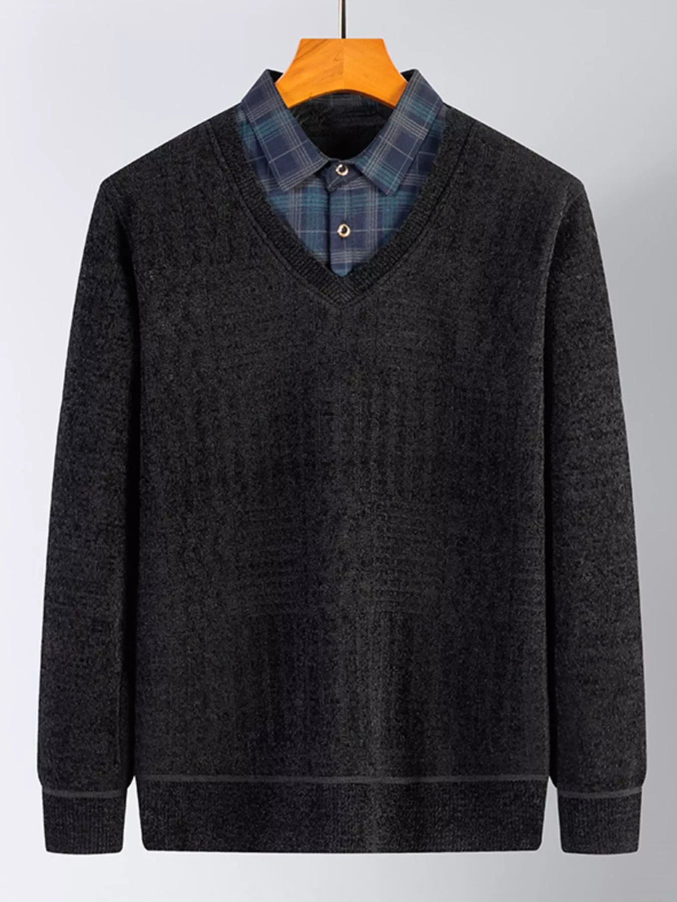 Men's Plus Size Layered Look Plaid Collar Sweater - PBNJ FASHIONS