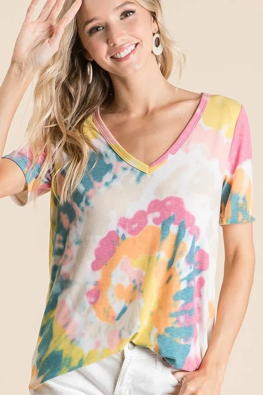 BiBi Circular Tie Dye Print V Neck Top - PBNJ FASHIONS
